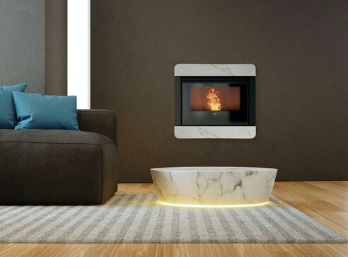 Klover Wave 110 wood pellet stove with light coloured stone cladding